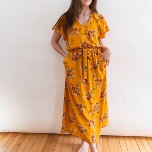 Mustard Dress, Floral Print with Tie Belt and Pockets Sienna Sky